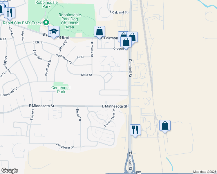 map of restaurants, bars, coffee shops, grocery stores, and more near 1209 Sitka Street in Rapid City