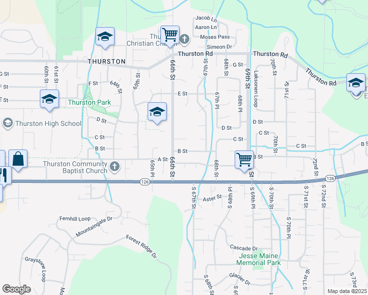 map of restaurants, bars, coffee shops, grocery stores, and more near 6627 B Street in Springfield