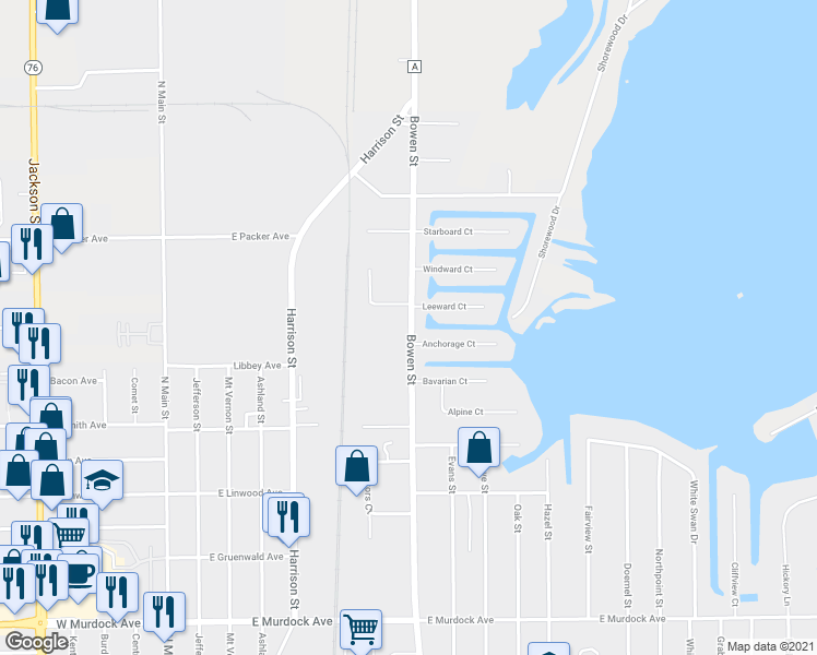 map of restaurants, bars, coffee shops, grocery stores, and more near 2445 Bowen Street in Oshkosh