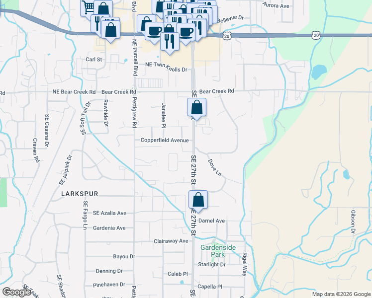map of restaurants, bars, coffee shops, grocery stores, and more near 21181 Silverado Valley Lane in Bend