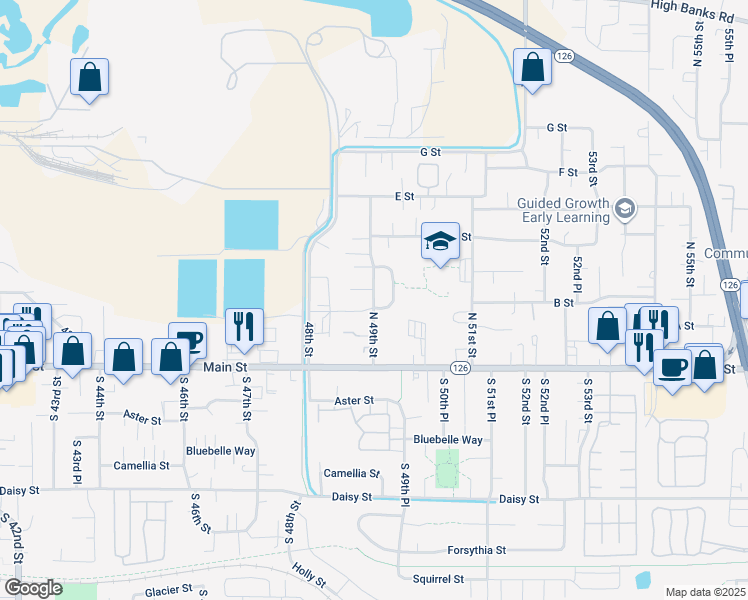 map of restaurants, bars, coffee shops, grocery stores, and more near 4876 B Street in Springfield