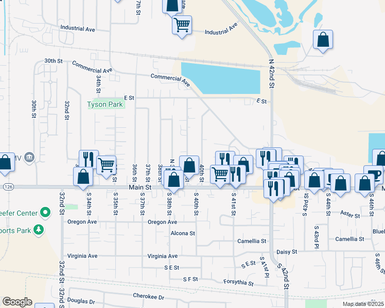 map of restaurants, bars, coffee shops, grocery stores, and more near 215 39th Street in Springfield