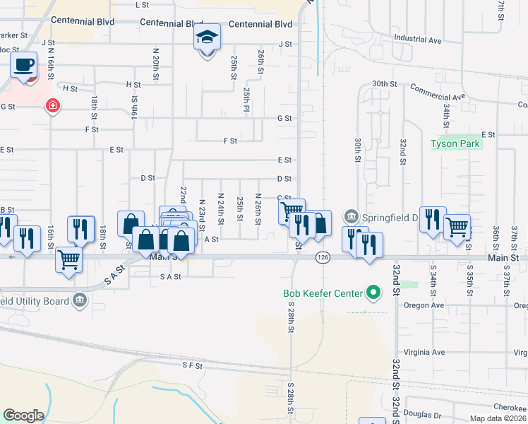 map of restaurants, bars, coffee shops, grocery stores, and more near 300 North 26th Street in Springfield