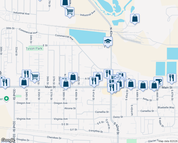 map of restaurants, bars, coffee shops, grocery stores, and more near 4086 B Street in Springfield