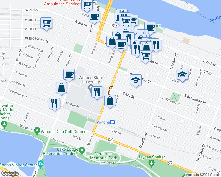 map of restaurants, bars, coffee shops, grocery stores, and more near 400 Main Street in Winona