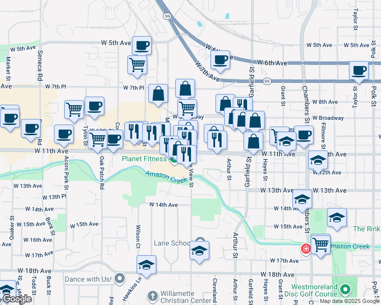 map of restaurants, bars, coffee shops, grocery stores, and more near 2290 West 11th Avenue in Eugene
