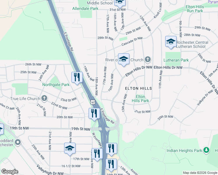 map of restaurants, bars, coffee shops, grocery stores, and more near 2318 16th Avenue Northwest in Rochester