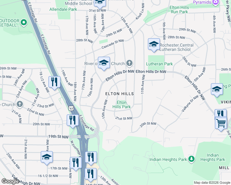 map of restaurants, bars, coffee shops, grocery stores, and more near 2308 14th Avenue Northwest in Rochester