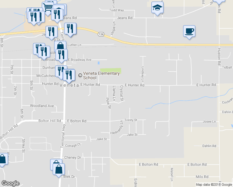 map of restaurants, bars, coffee shops, grocery stores, and more near 88061 Llama Lane in Veneta