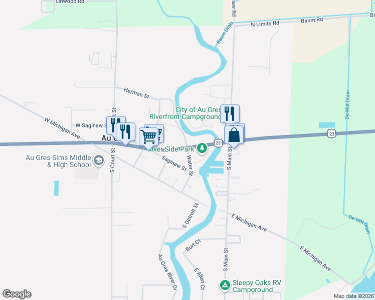 map of restaurants, bars, coffee shops, grocery stores, and more near 2-98 Water Street in Au Gres