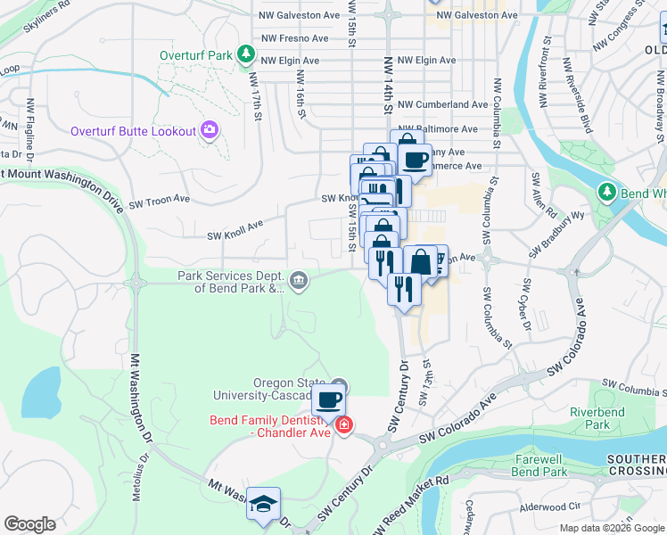 map of restaurants, bars, coffee shops, grocery stores, and more near 1600 Southwest Simpson Avenue in Bend