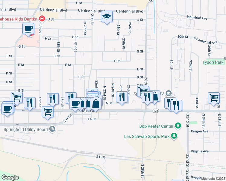 map of restaurants, bars, coffee shops, grocery stores, and more near 305 North 24th Street in Springfield