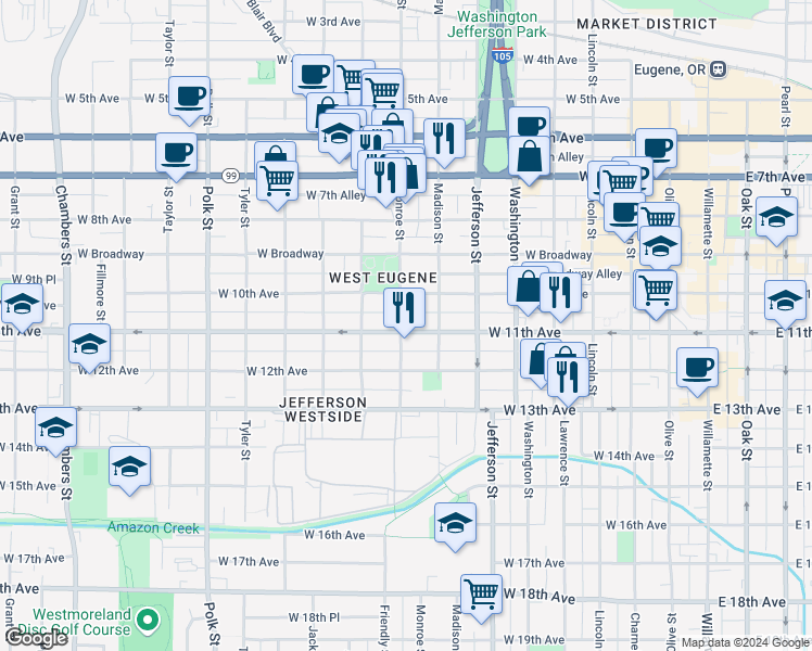 map of restaurants, bars, coffee shops, grocery stores, and more near 1100 Monroe Street in Eugene