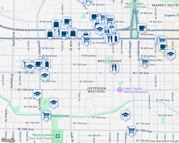 map of restaurants, bars, coffee shops, grocery stores, and more near 1113 Van Buren Street in Eugene