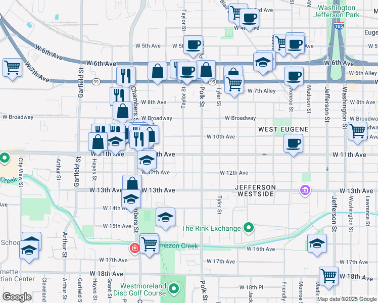 map of restaurants, bars, coffee shops, grocery stores, and more near in Eugene