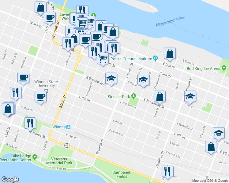 map of restaurants, bars, coffee shops, grocery stores, and more near 317 Franklin Street in Winona