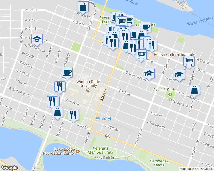 map of restaurants, bars, coffee shops, grocery stores, and more near 100 West 8th Street in Winona