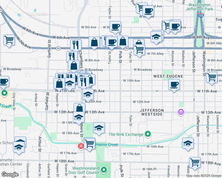 map of restaurants, bars, coffee shops, grocery stores, and more near 1099 Taylor Street in Eugene