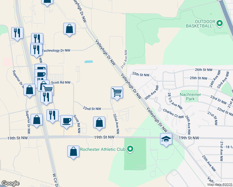 map of restaurants, bars, coffee shops, grocery stores, and more near 2300 32nd Avenue Northwest in Rochester