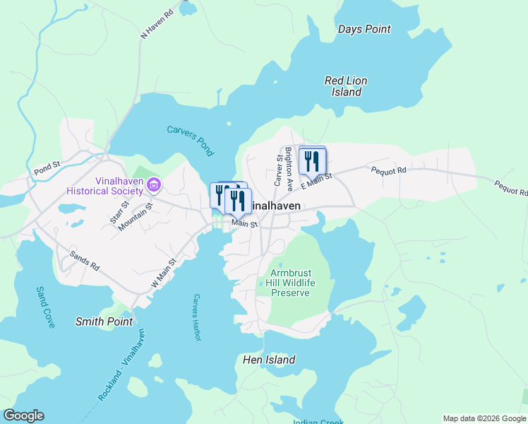 map of restaurants, bars, coffee shops, grocery stores, and more near 66 Main Street in Vinalhaven