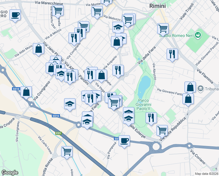 map of restaurants, bars, coffee shops, grocery stores, and more near 79 Via della Fiera in Rimini