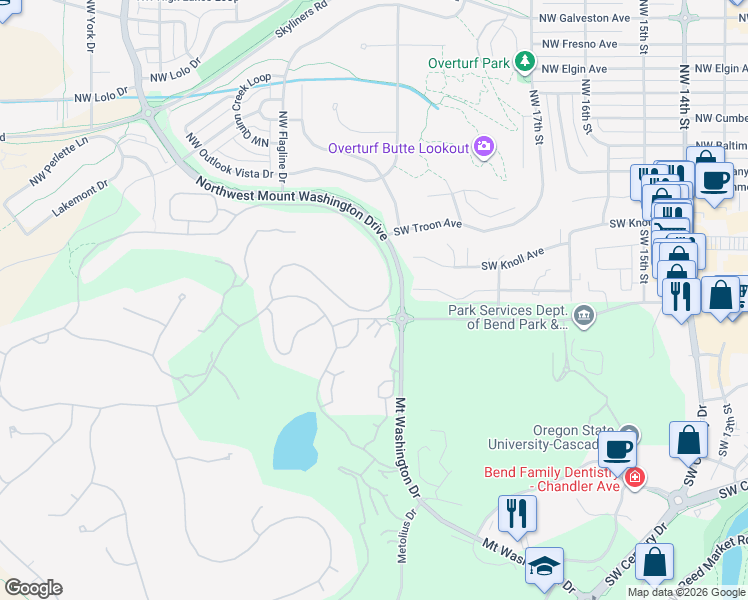 map of restaurants, bars, coffee shops, grocery stores, and more near 19595 Simpson in Bend