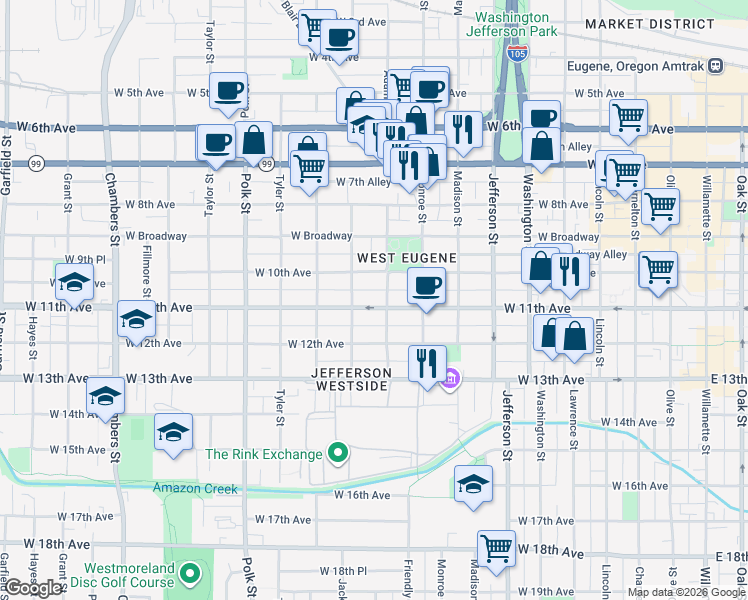 map of restaurants, bars, coffee shops, grocery stores, and more near 931 West 11th Avenue in Eugene