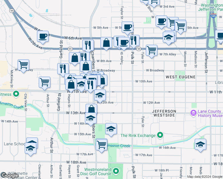 map of restaurants, bars, coffee shops, grocery stores, and more near 1493 West 11th Avenue in Eugene