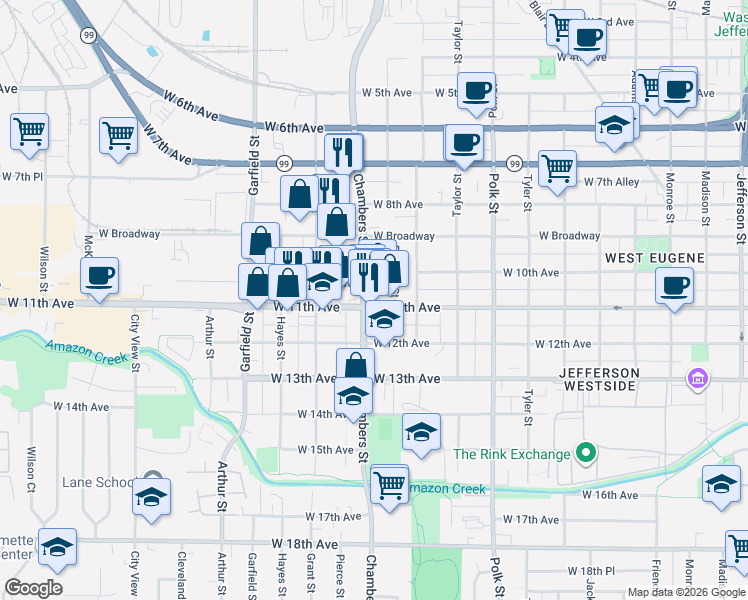 map of restaurants, bars, coffee shops, grocery stores, and more near 1099 Chambers Street in Eugene