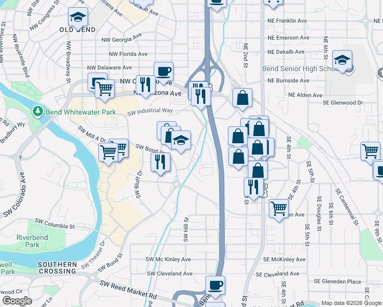 map of restaurants, bars, coffee shops, grocery stores, and more near 110 Southwest Scalehouse Loop in Bend