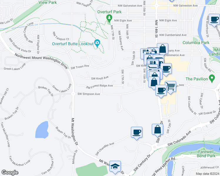 map of restaurants, bars, coffee shops, grocery stores, and more near 1757 Southwest Forest Ridge Avenue in Bend