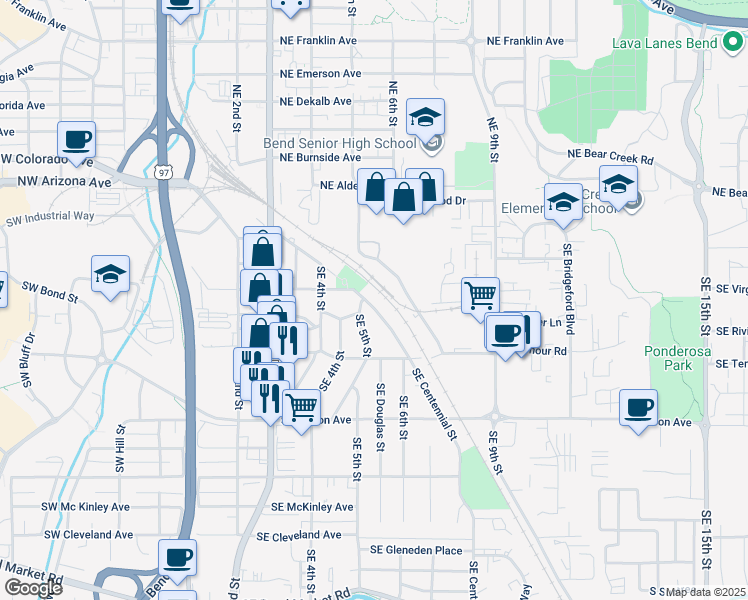 map of restaurants, bars, coffee shops, grocery stores, and more near 520 Southeast Centennial Street in Bend
