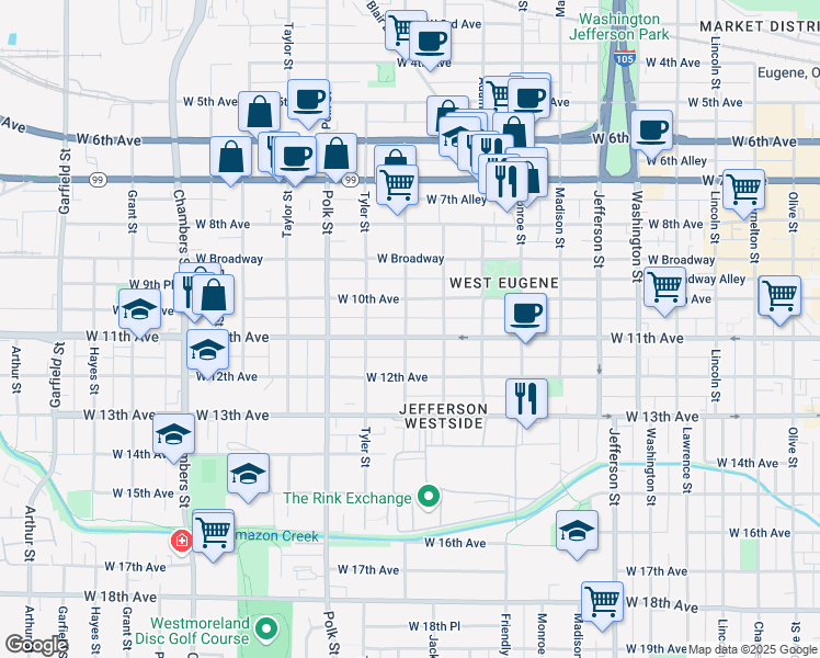 map of restaurants, bars, coffee shops, grocery stores, and more near 1113 Van Buren Street in Eugene