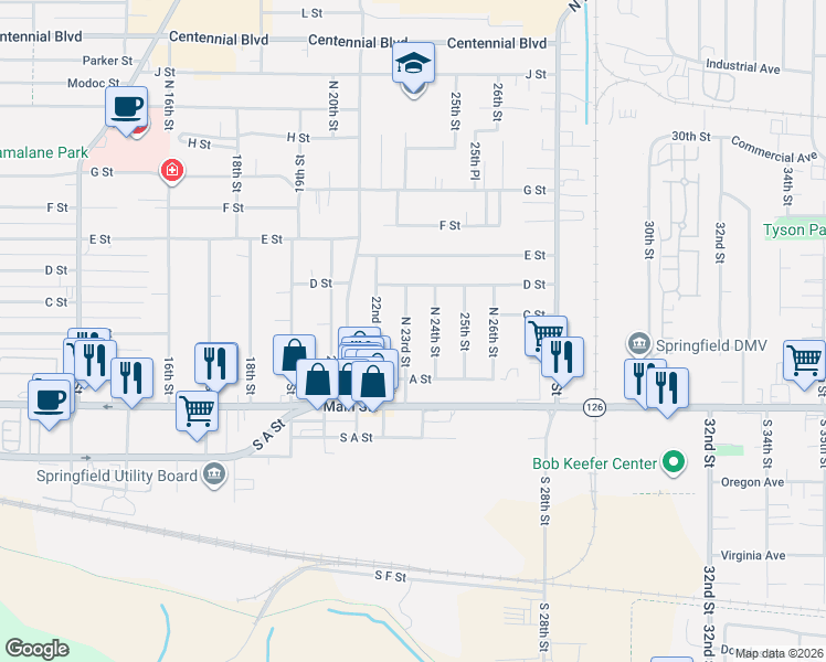 map of restaurants, bars, coffee shops, grocery stores, and more near 296 North 23rd Street in Springfield