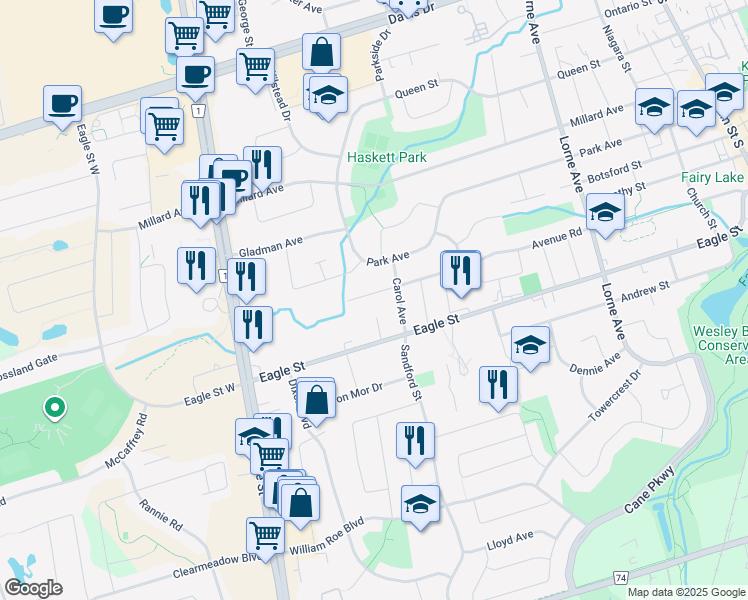 map of restaurants, bars, coffee shops, grocery stores, and more near 128 Avenue Road in Newmarket