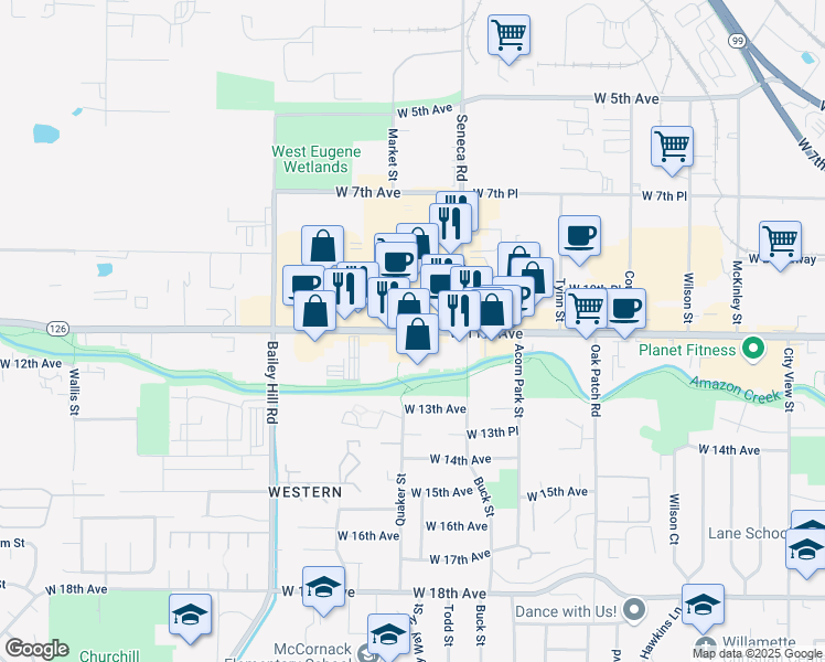 map of restaurants, bars, coffee shops, grocery stores, and more near 3390 West 11th Avenue in Eugene