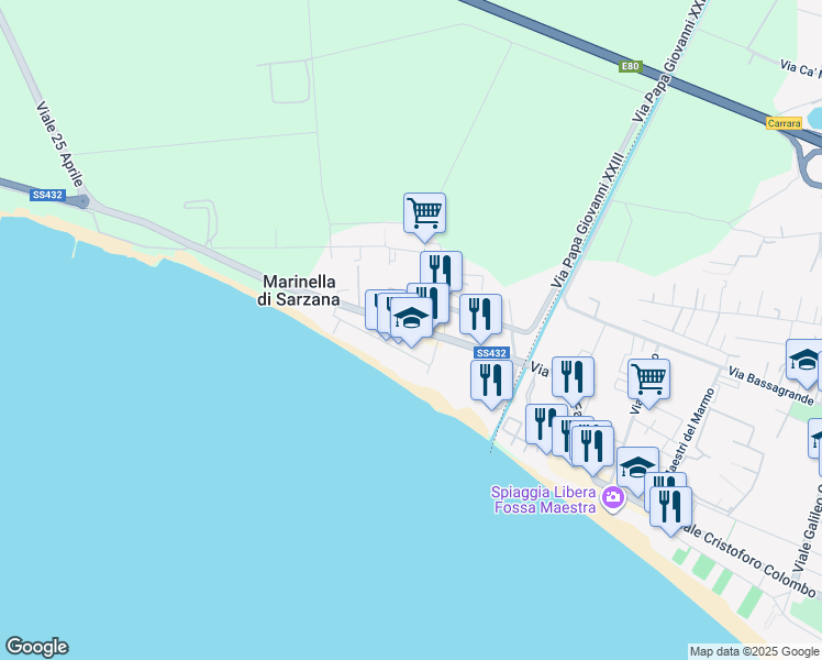 map of restaurants, bars, coffee shops, grocery stores, and more near Strada Provinciale 432 in Marinella di Sarzana