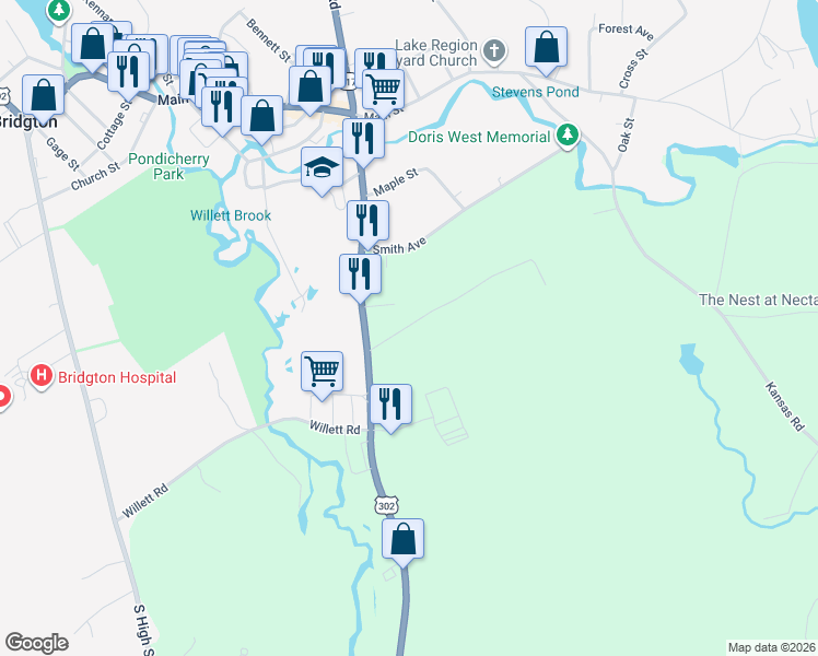 map of restaurants, bars, coffee shops, grocery stores, and more near 1-17 Mount Henry Road in Bridgton
