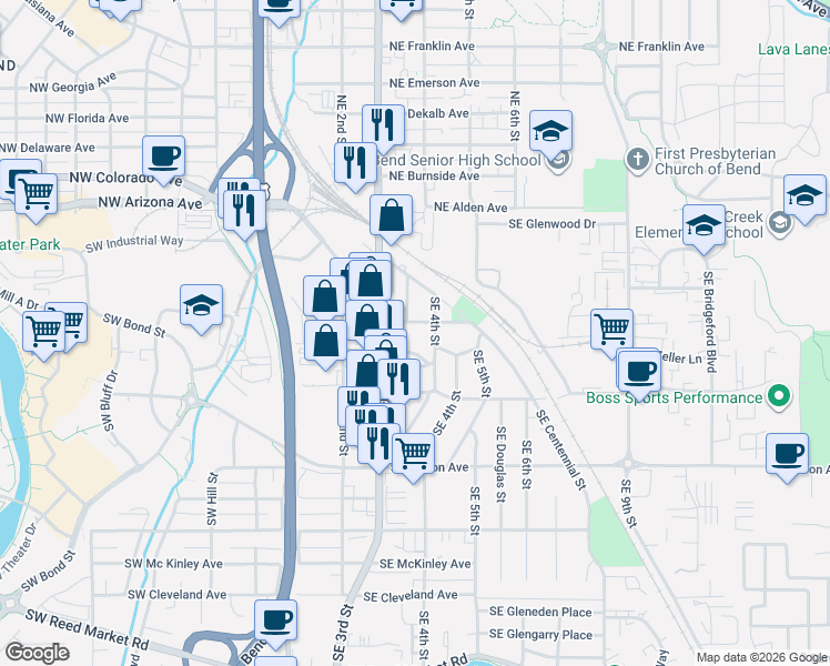 map of restaurants, bars, coffee shops, grocery stores, and more near 378 Southeast Woodland Boulevard in Bend