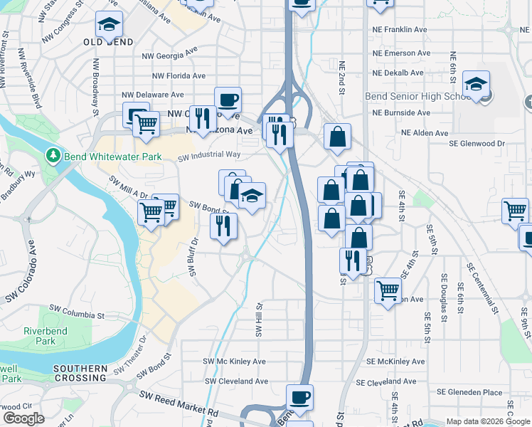 map of restaurants, bars, coffee shops, grocery stores, and more near 110 Southwest Scalehouse Loop in Bend