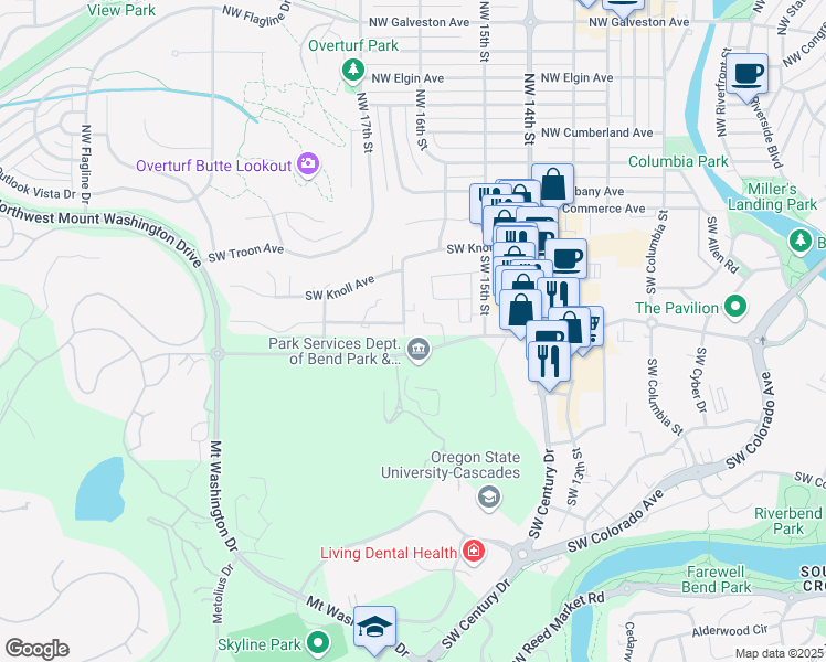 map of restaurants, bars, coffee shops, grocery stores, and more near 214 Southwest 17th Street in Bend