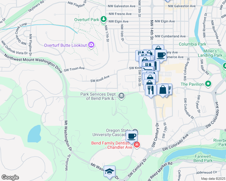 map of restaurants, bars, coffee shops, grocery stores, and more near 19755 Simpson in Bend
