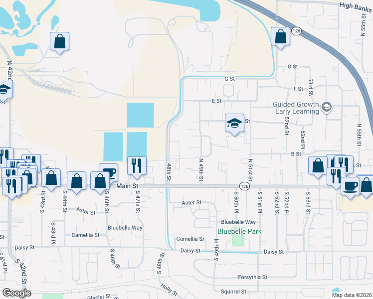 map of restaurants, bars, coffee shops, grocery stores, and more near 4876 B Street in Springfield