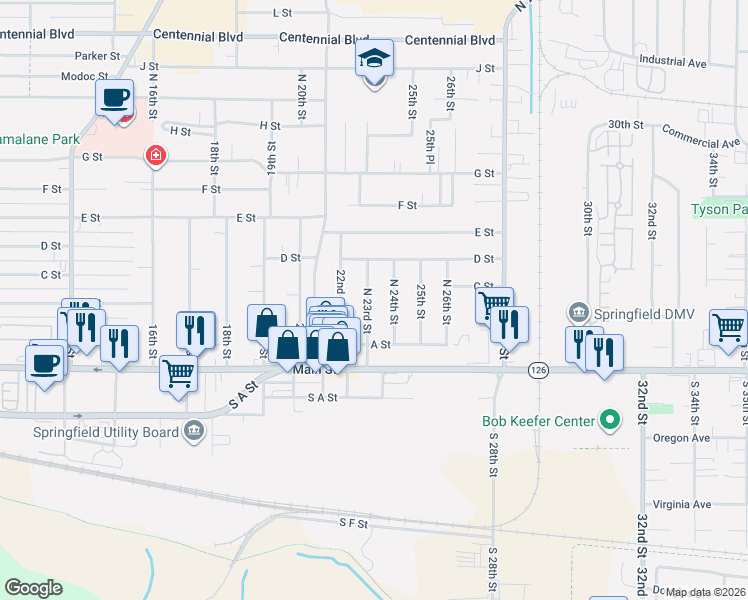 map of restaurants, bars, coffee shops, grocery stores, and more near 296 North 23rd Street in Springfield