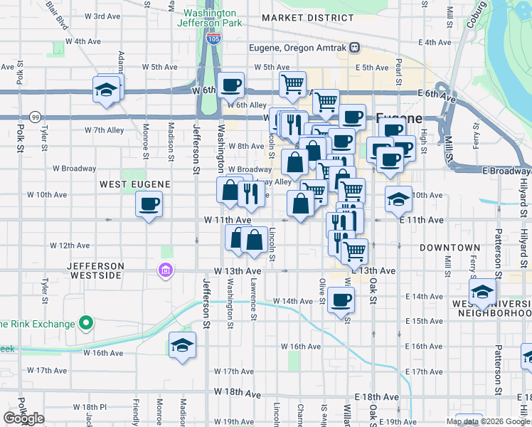 map of restaurants, bars, coffee shops, grocery stores, and more near 1102 Lincoln Street in Eugene
