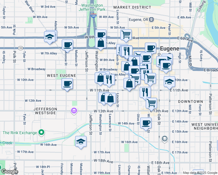 map of restaurants, bars, coffee shops, grocery stores, and more near 1132 Lawrence Street in Eugene