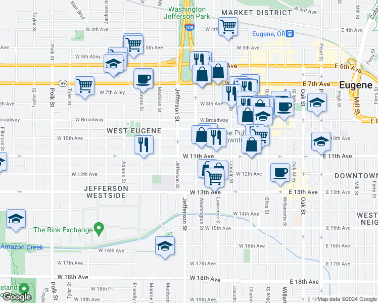 map of restaurants, bars, coffee shops, grocery stores, and more near 1104 Washington Street in Eugene