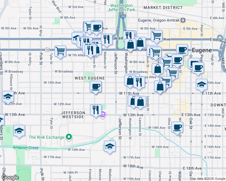 map of restaurants, bars, coffee shops, grocery stores, and more near 1108 Jefferson Street in Eugene