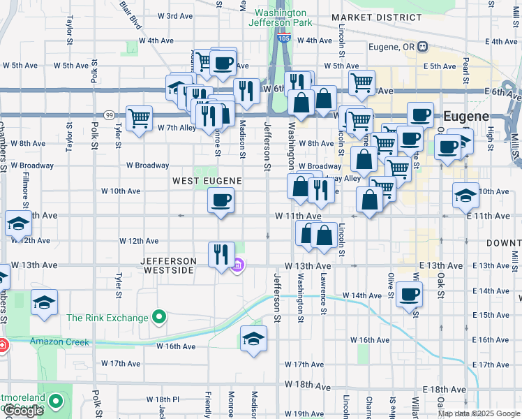map of restaurants, bars, coffee shops, grocery stores, and more near 1108 Jefferson Street in Eugene