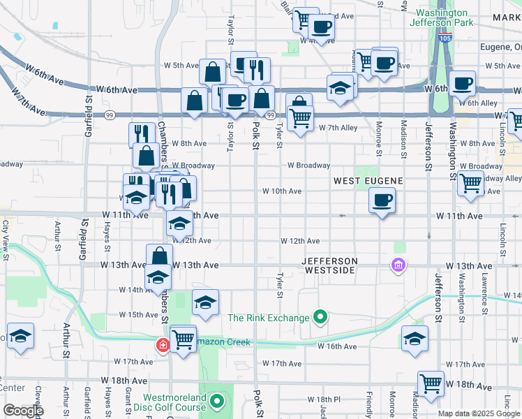 map of restaurants, bars, coffee shops, grocery stores, and more near 1114 Polk Street in Eugene